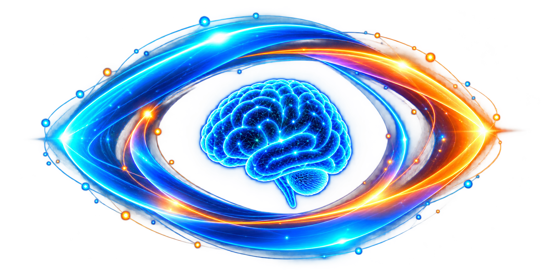 Cerebro holográfico dentro de órbitas luminosas azules y naranjas