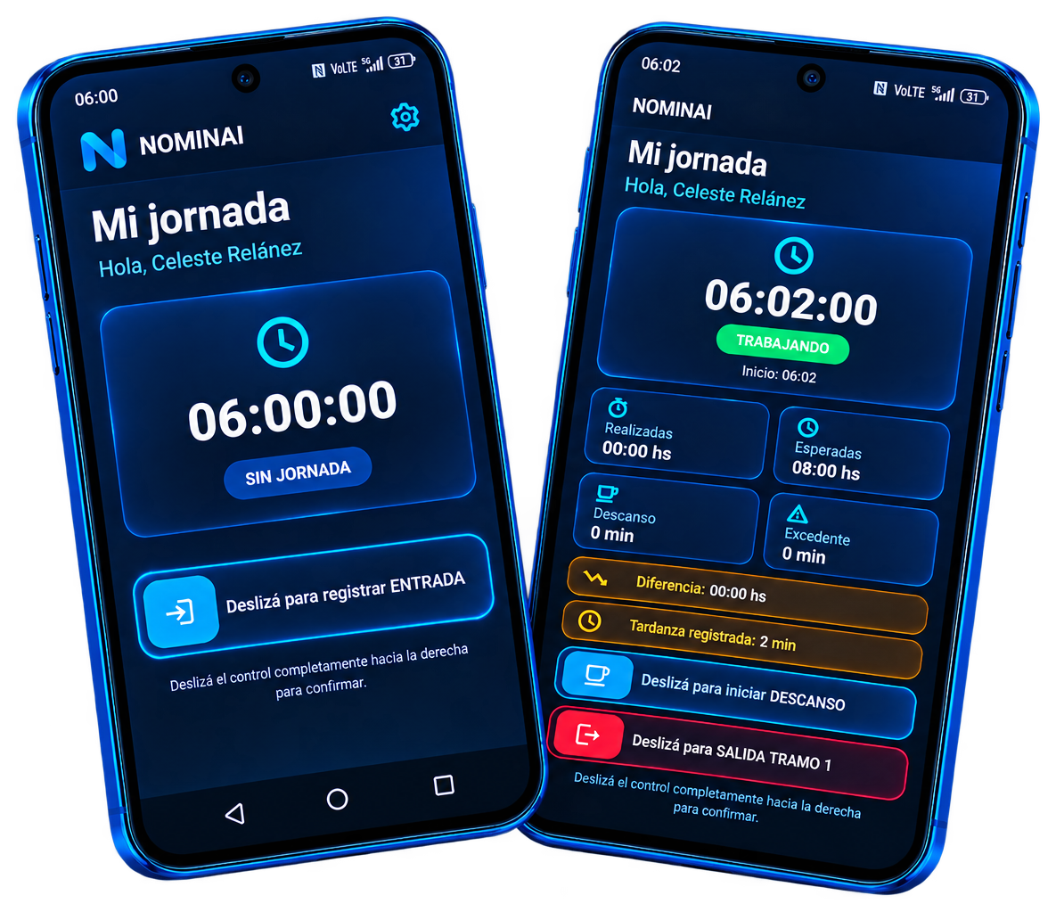 Dos teléfonos con las interfaces de jornada laboral y control horario de NOMINAI, recortados sobre fondo transparente